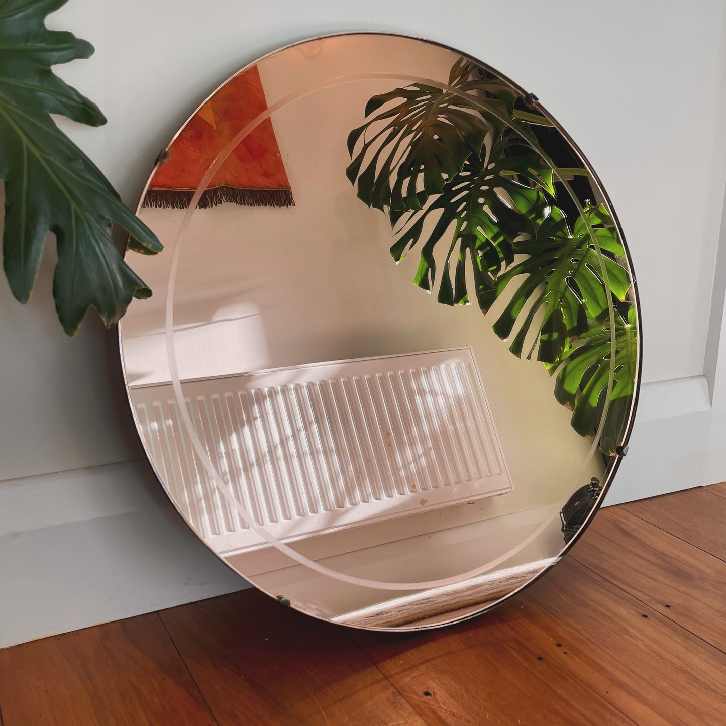 Strawberry moon mirror - Rose colored glass art deco mirror - retro pink tinted glass mirror
