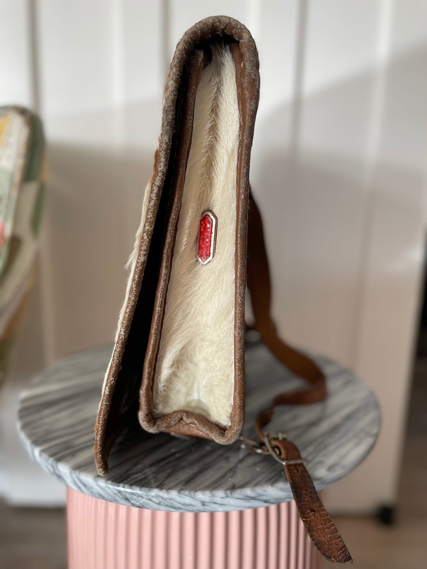 Vintage cowhide backpack - hair-on-hide leather messenger bag from New Zealand