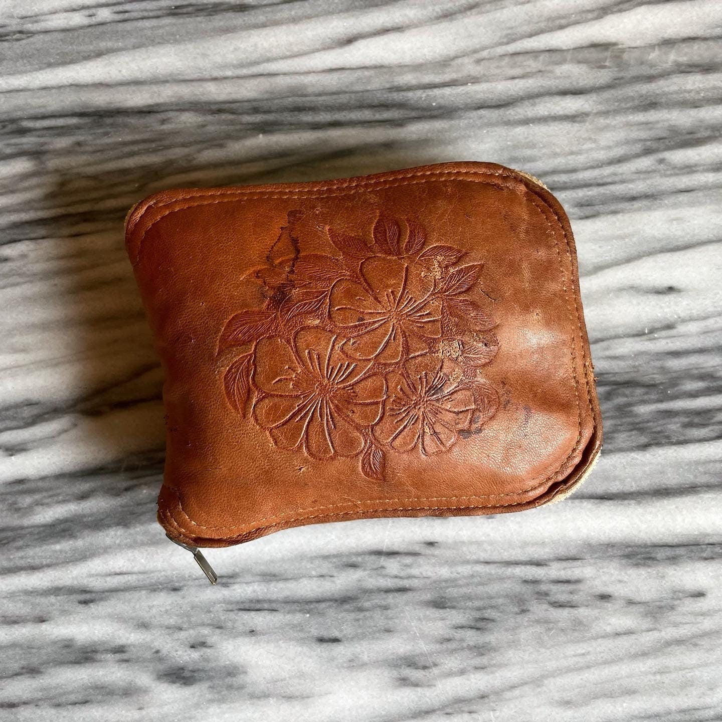 Compact zip up tote bag from New Zealand - tooled leather