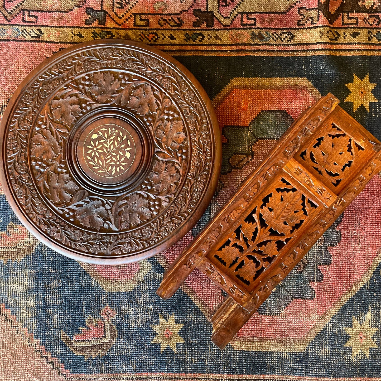 Octagonal hand-carved side table from India with bone inlay