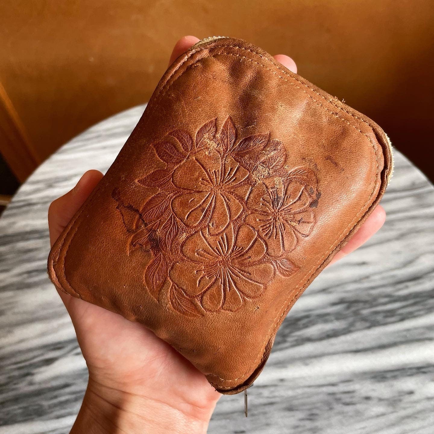 Compact zip up tote bag from New Zealand - tooled leather