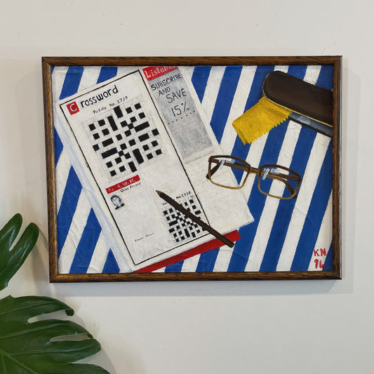Pop Art Still Life - Funky original vintage artwork of newspaper crossword puzzle in primary colors