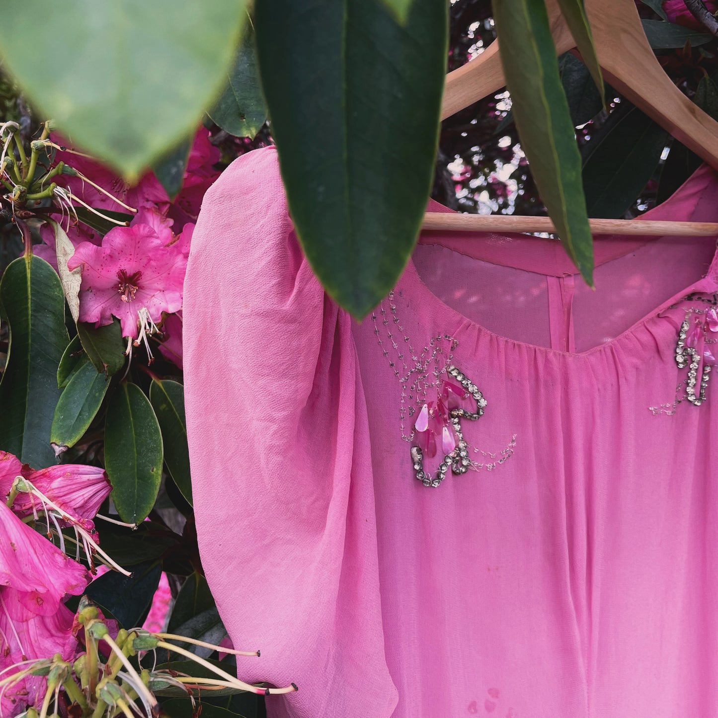 Midsummer Night’s Dream - 1930s sheer pink dress with rhinestones, puff sleeves and bodice buttons down the back