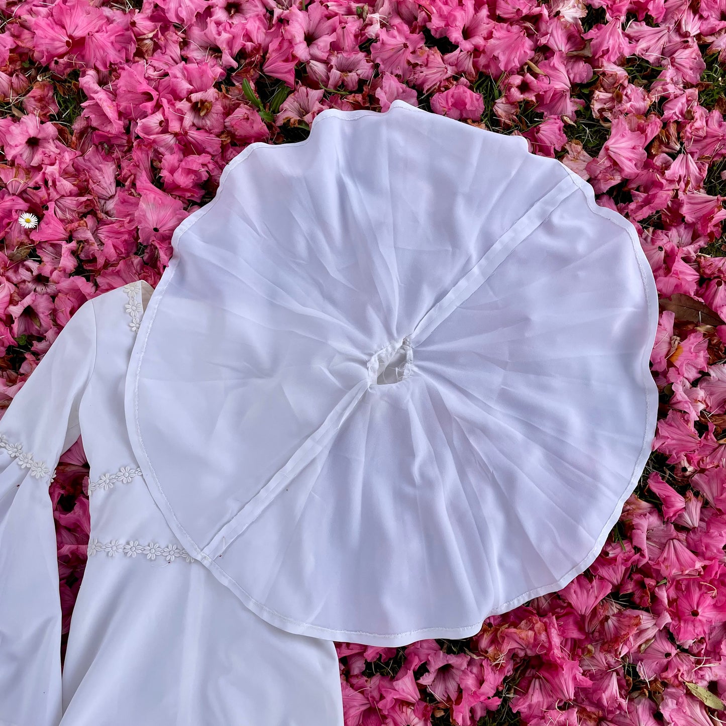 The Ophelia Dress - vintage 1970’s medieval style wedding dress with daisy chain details and bell sleeves