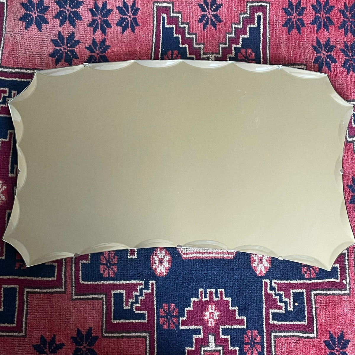 Large antique Art Deco mirror with decorative scalloped beveles