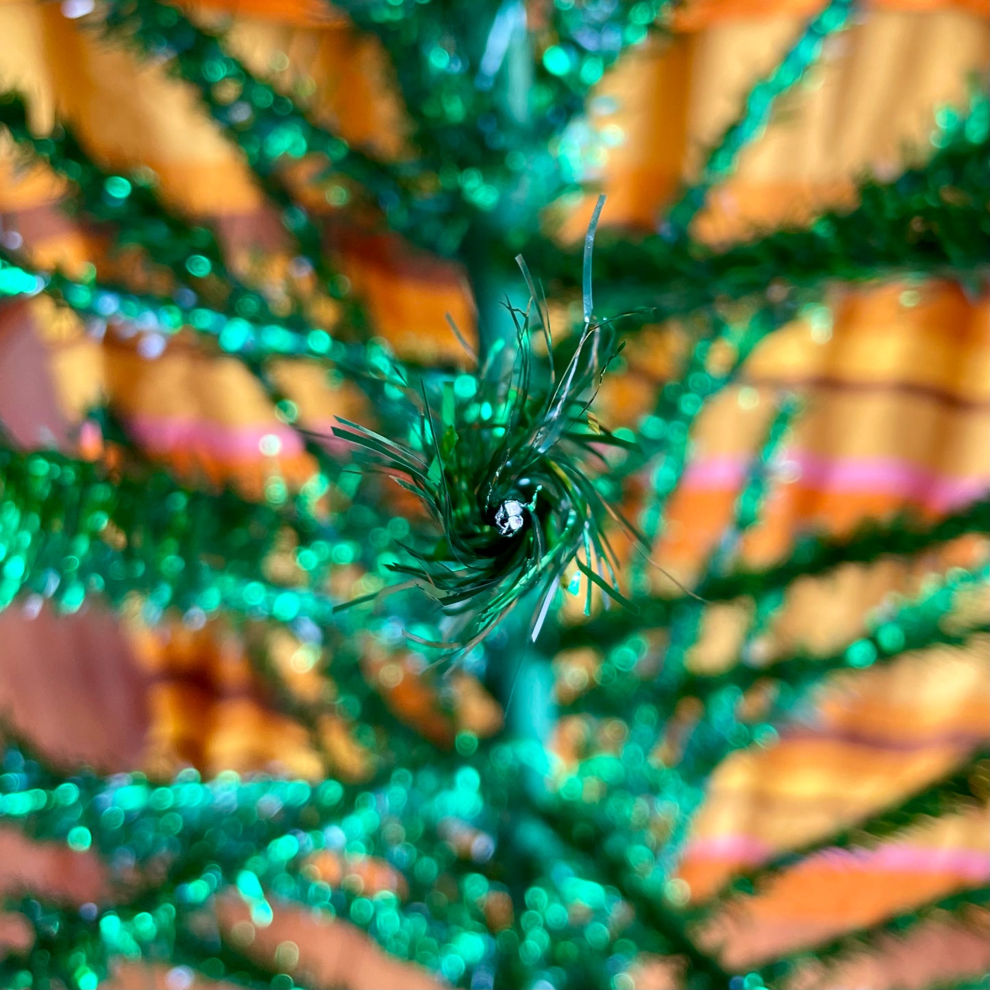 Shiny green vintage Christmas tree - 6 foot midcentury modern aluminum Xmas tree