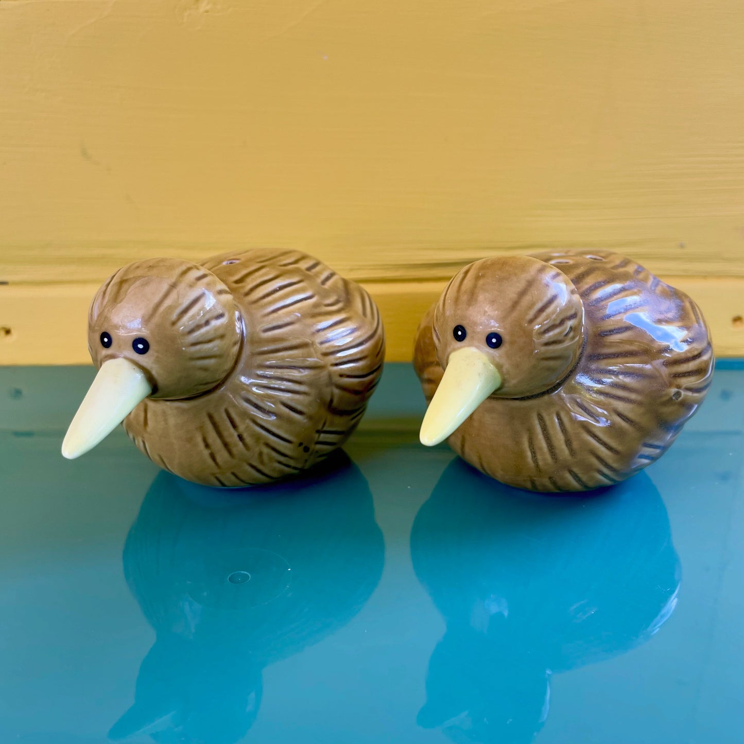 Cute little pair of New Zealand Kiwi sat and pepper shakers - vintage kitchy collectible salt and pepper shakers