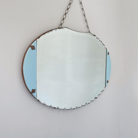 Art deco mirror with robins egg blue milk-glass panels