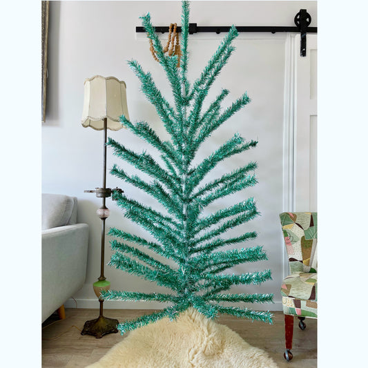 Turquoise green 6 foot tall Midcentury modern Christmas tree - vintage silver aluminum Xmas tree