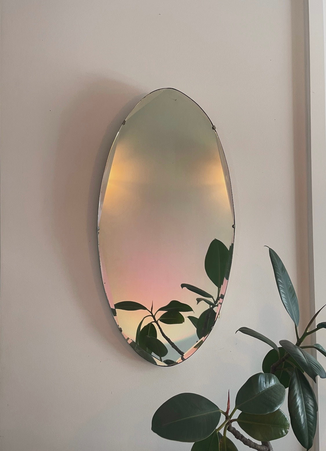 Extra long antique oval mirror - Art Deco beveled mirror