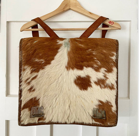 Vintage cowhide backpack - hair-on-hide leather messenger bag from New Zealand