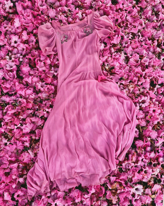 Midsummer Night’s Dream - 1930s sheer pink dress with rhinestones, puff sleeves and bodice buttons down the back