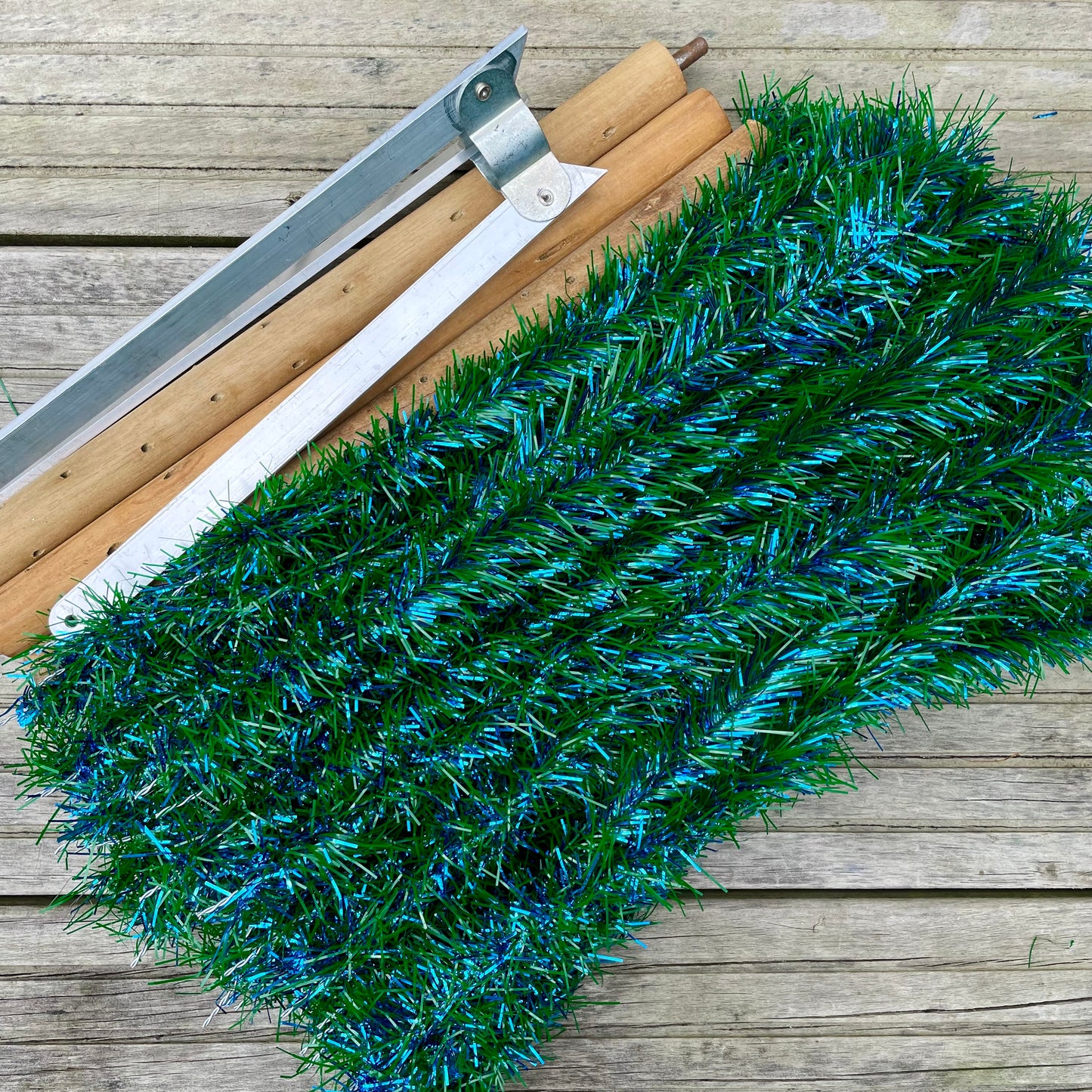 Sparkly vintage blue and green faux Christmas tree - midcentury modern peacock Xmas tree