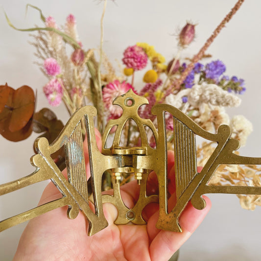 Pair of double arm antique harp sconces / Pianoforte brass candle holders