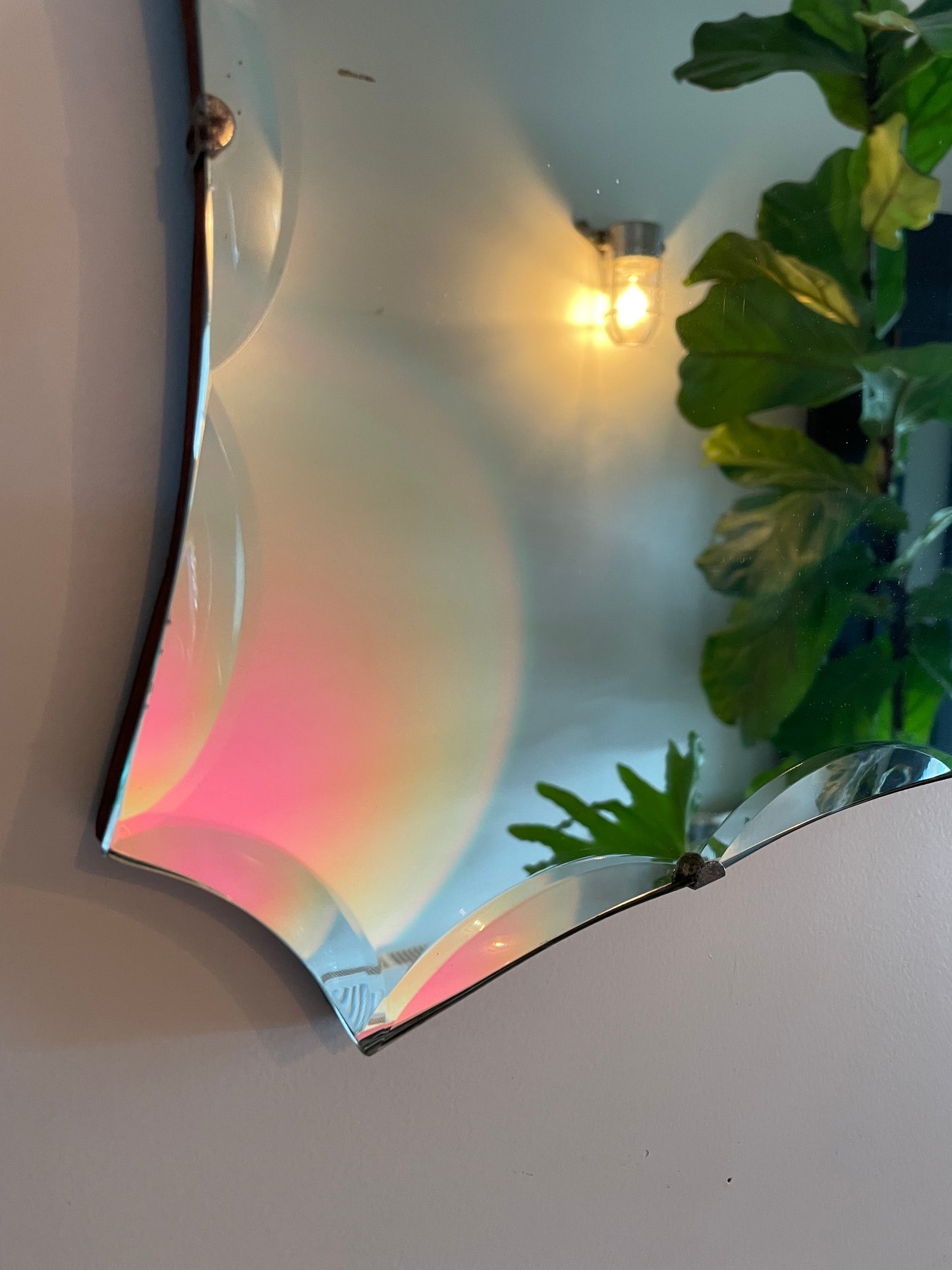 Large antique Art Deco mirror with decorative scalloped beveles