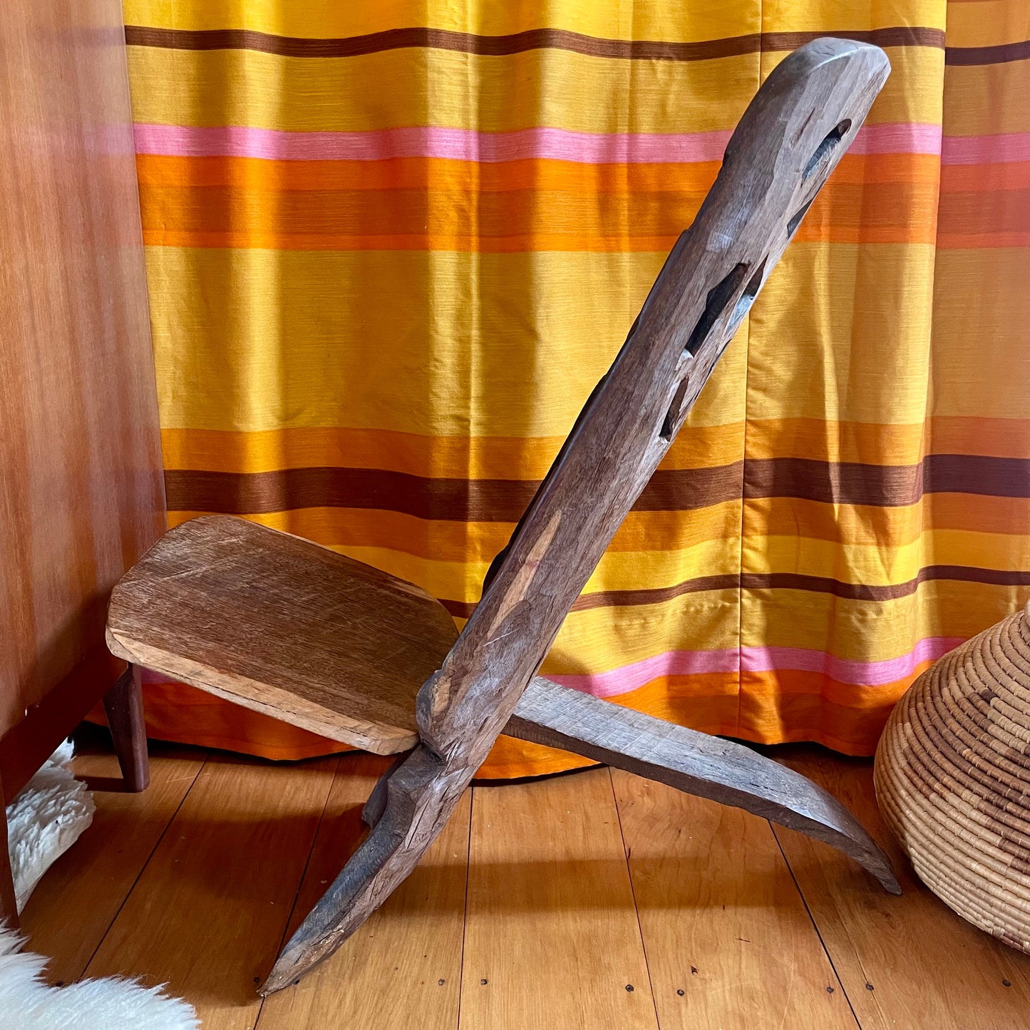 African stargazing chair - Vintage miniature wooden chair from Africa with Sun, Star and Rhinoceros - traditiona hand-carved birthing chair