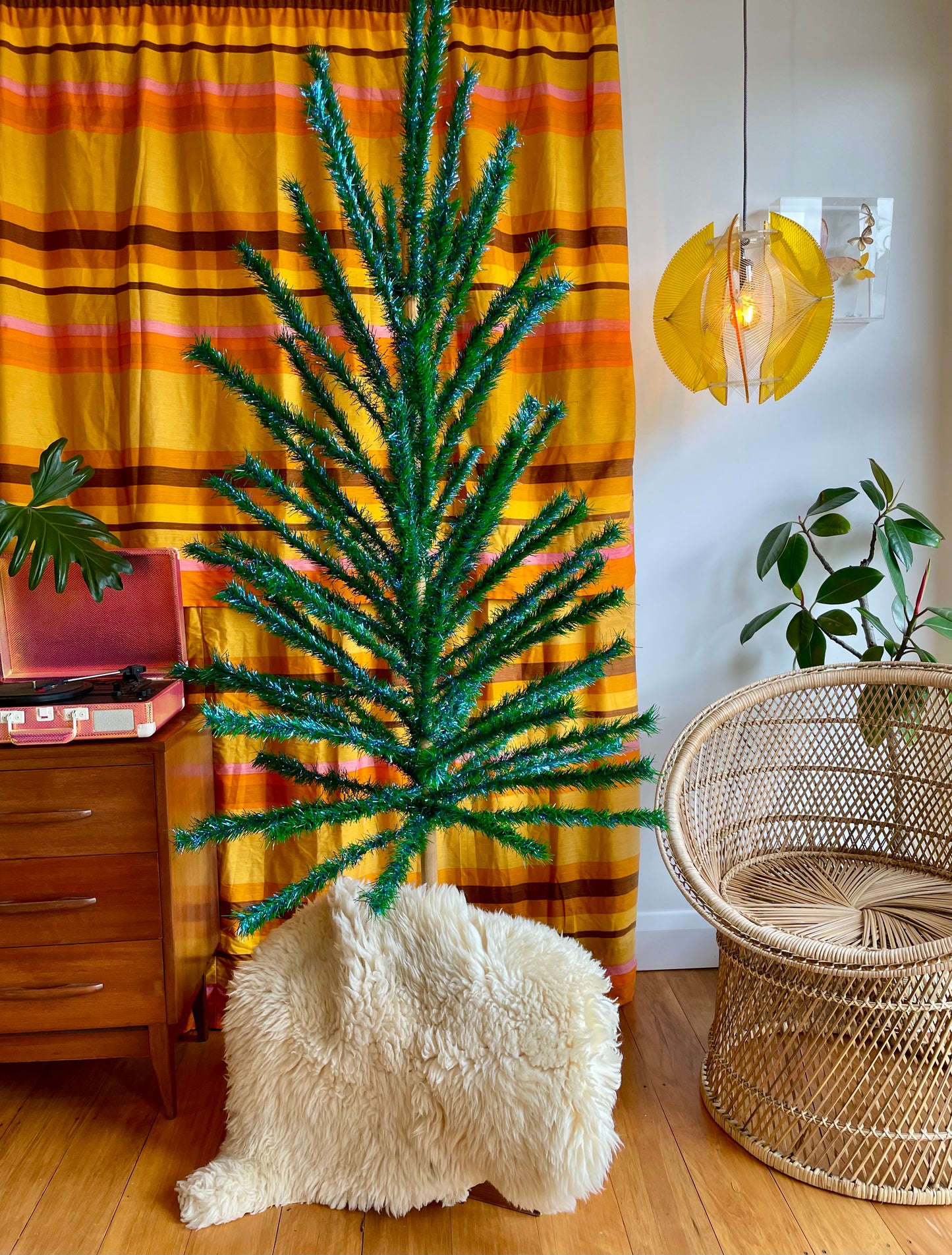 Sparkly vintage blue and green faux Christmas tree - midcentury modern peacock Xmas tree