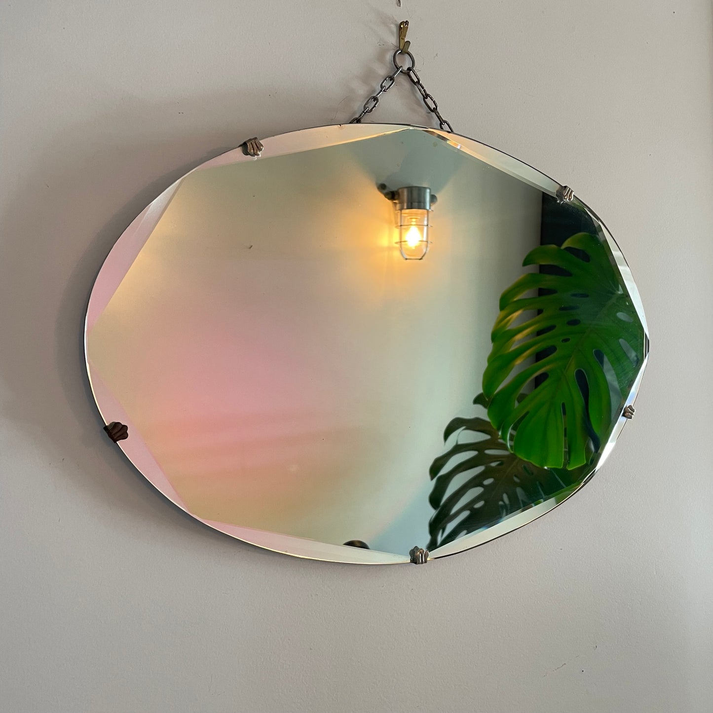 Oval antique mirror - frameless beveled 1930s art deco mirror