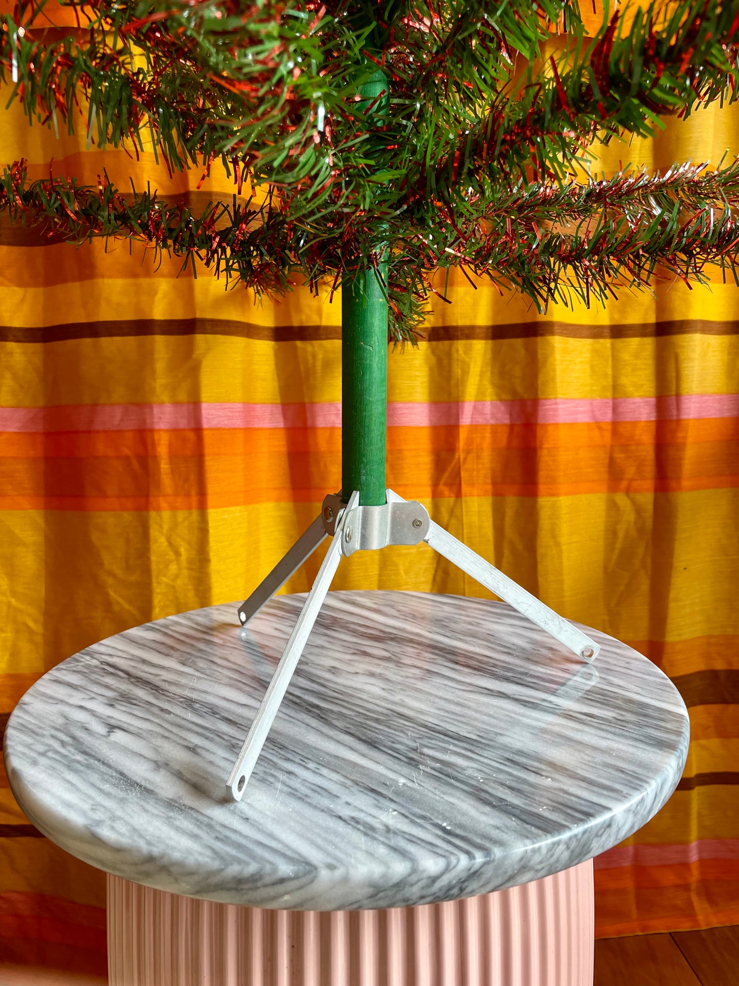 Red and green vintage 4 foot Christmas tree - midcentury modern tinsel xmas tree