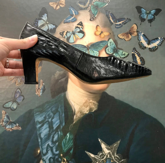 Size 7.5 / 8 - vintage black leather square toe heels with snakeskin embossing