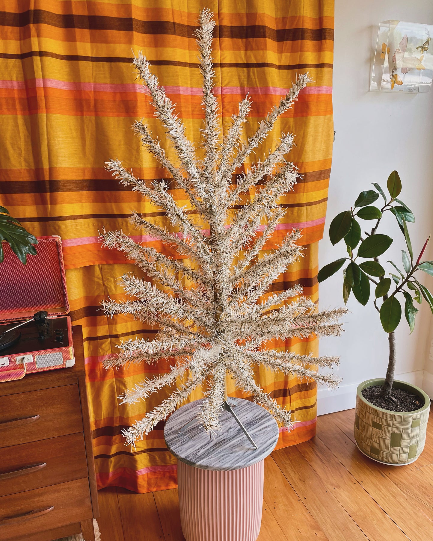 Retro white and gold 4 foot Vintage Christmas tree - midcentury modern tinsel xmas tree