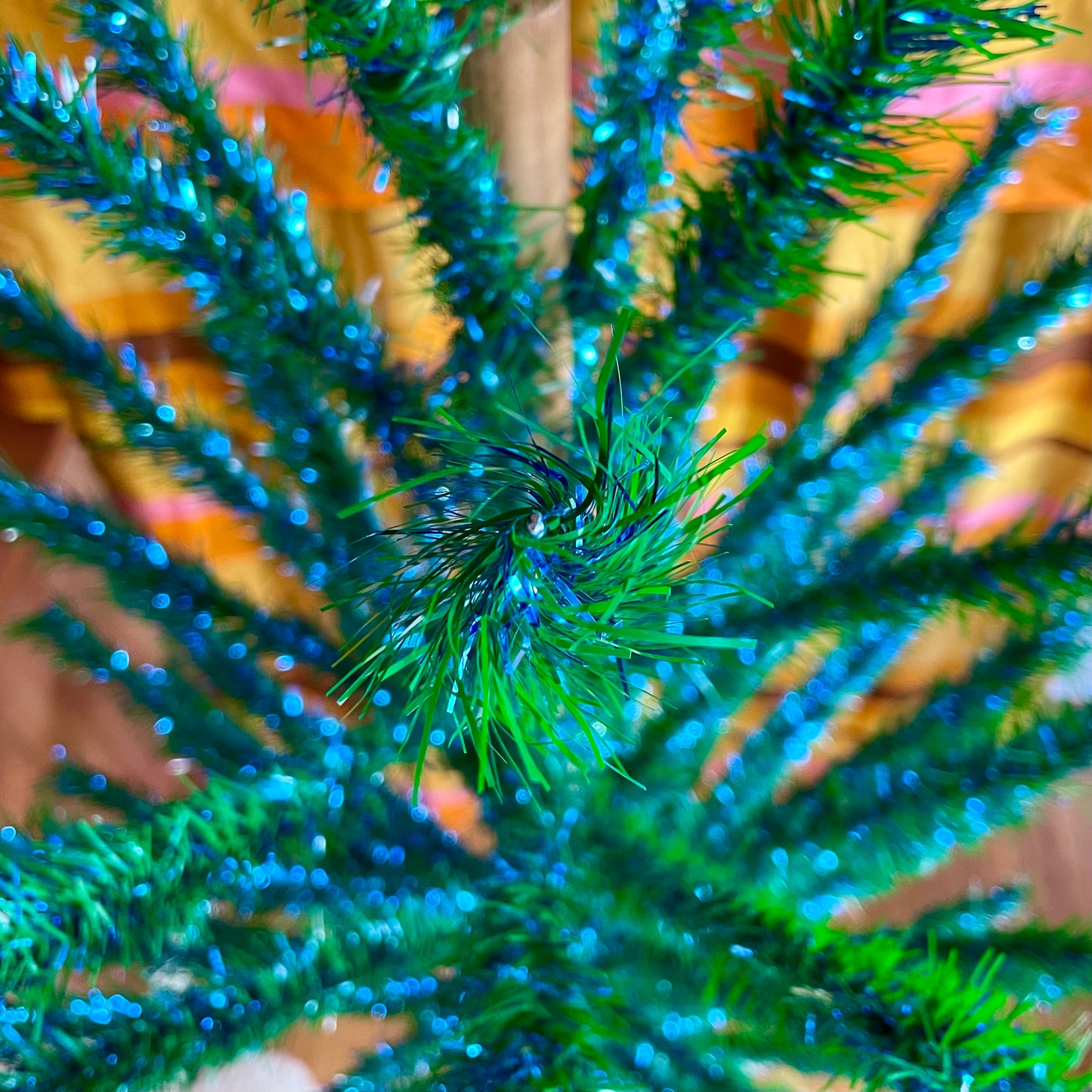 Sparkly vintage blue and green faux Christmas tree - midcentury modern peacock Xmas tree