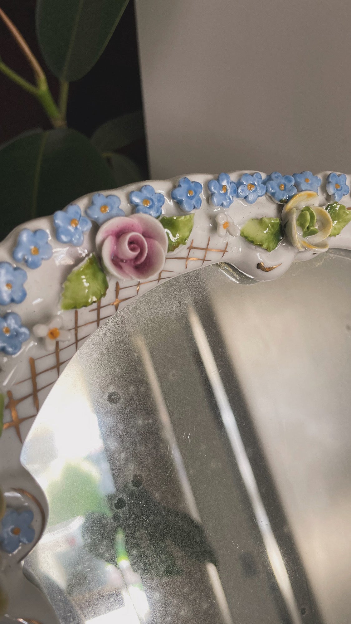 Antique German porcelain mirror - small glass floral mirror
