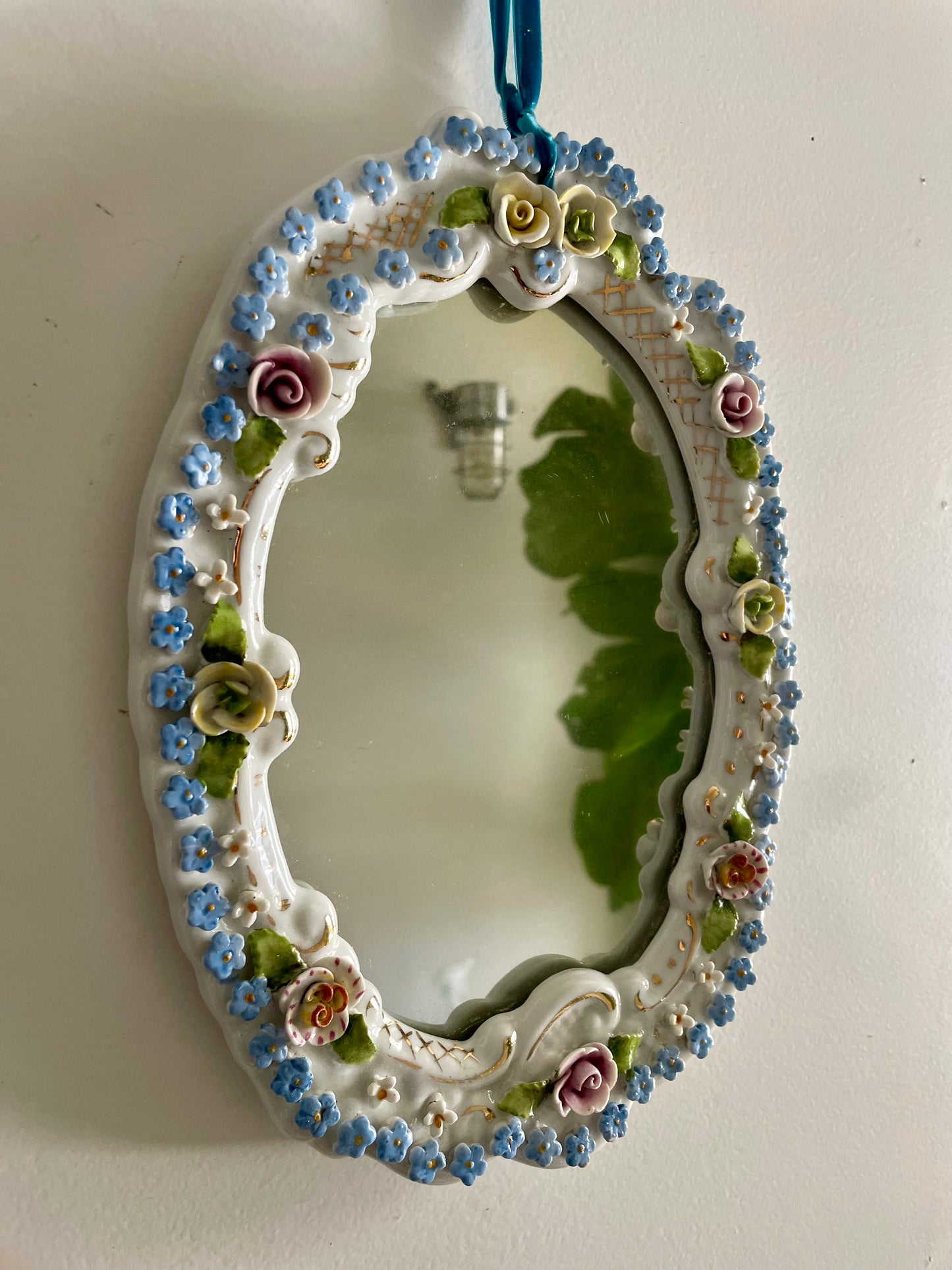 Antique German porcelain mirror - small glass floral mirror