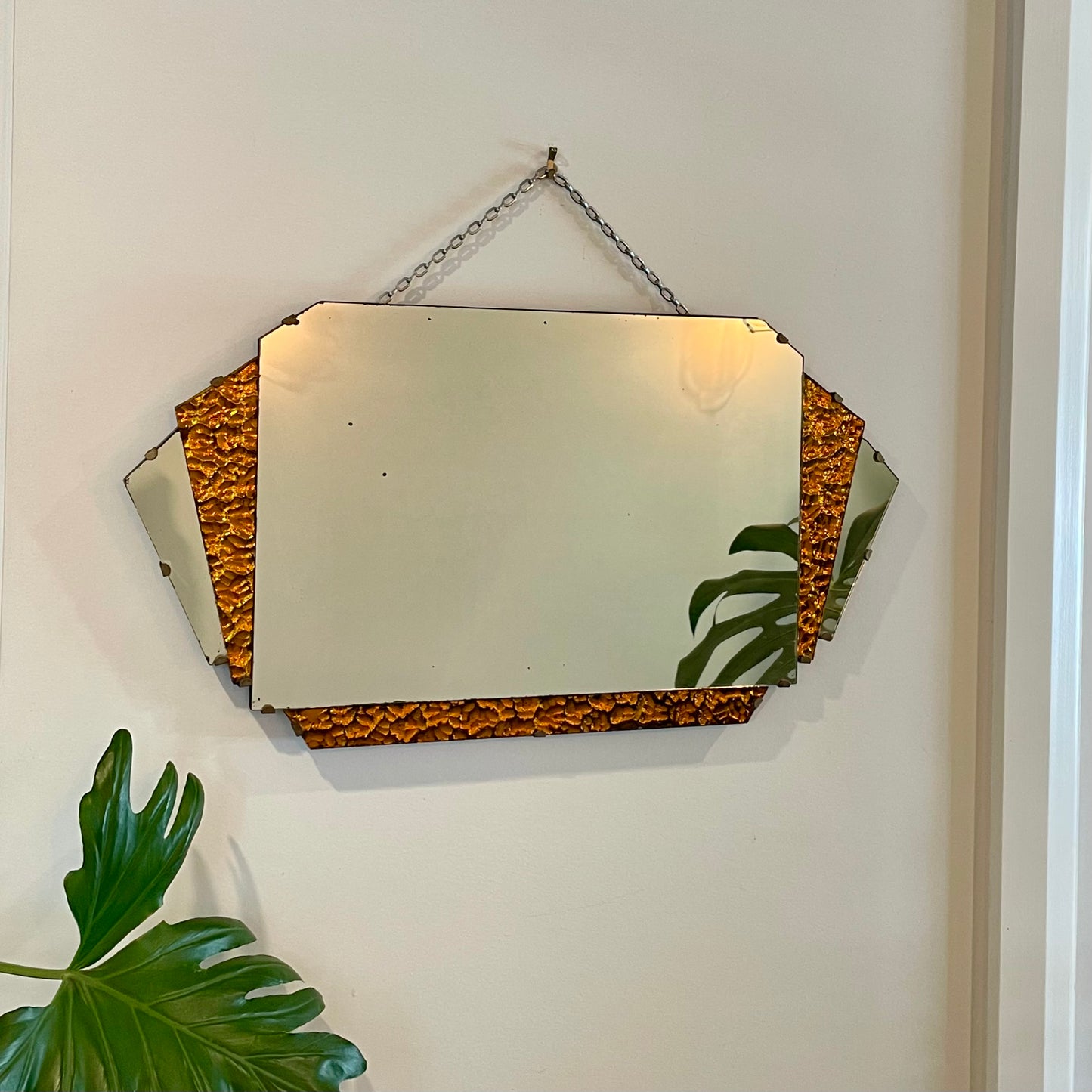 Lava Mirror - Authentic Art Deco mirror with orange sparkly glass panels - 1930’s frameless geometric mirror