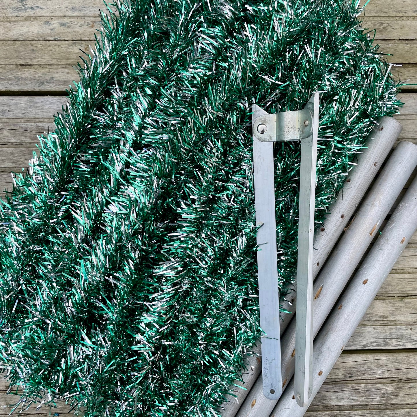 Sparkly silver and green vintage Christmas tree - 6 foot midcentury modern aluminum Xmas tree