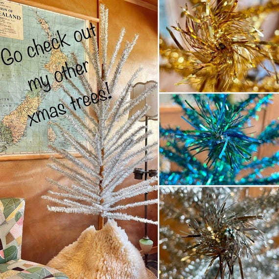 Blue Christmas - vintage aluminum Christmas tree - 6 foot midcentury modern tinsel Xmas tree - blue and green faux Xmas tree