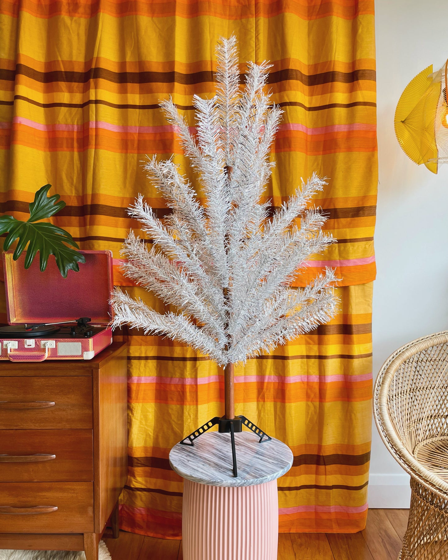 The Silver Bullet- 4 foot Vintage white and silver Christmas tree - midcentury modern stainless tinsel xmas tree