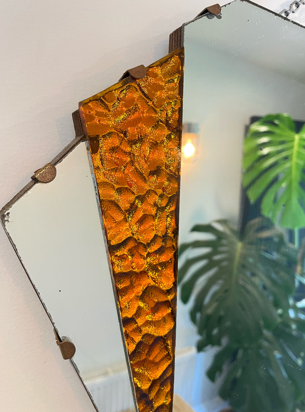 Lava Mirror - Authentic Art Deco mirror with orange sparkly glass panels - 1930’s frameless geometric mirror