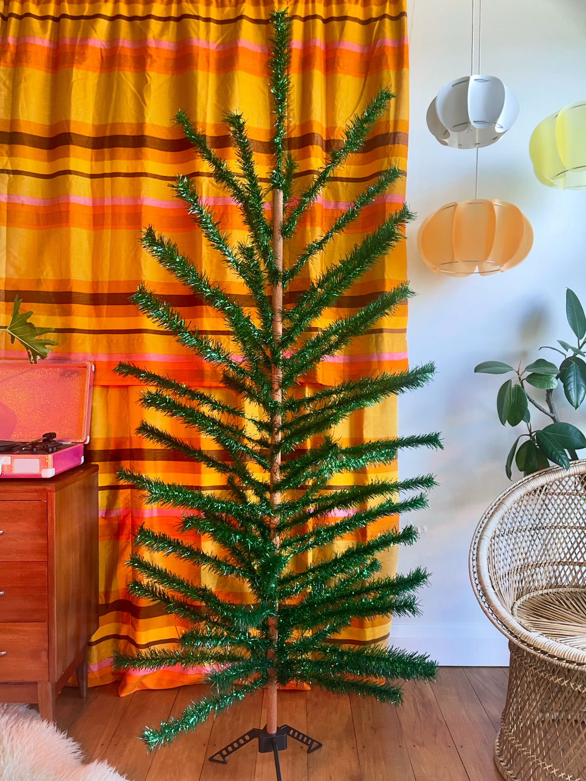 Authentic 6 foot vintage midcentury modern Christmas tree / vintage green tinsel tree