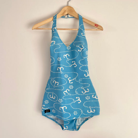 Anchors Away! Vintage 1960s baby blue sailor swimsuit - retro pinup one piece with anchor and ship’s wheel print