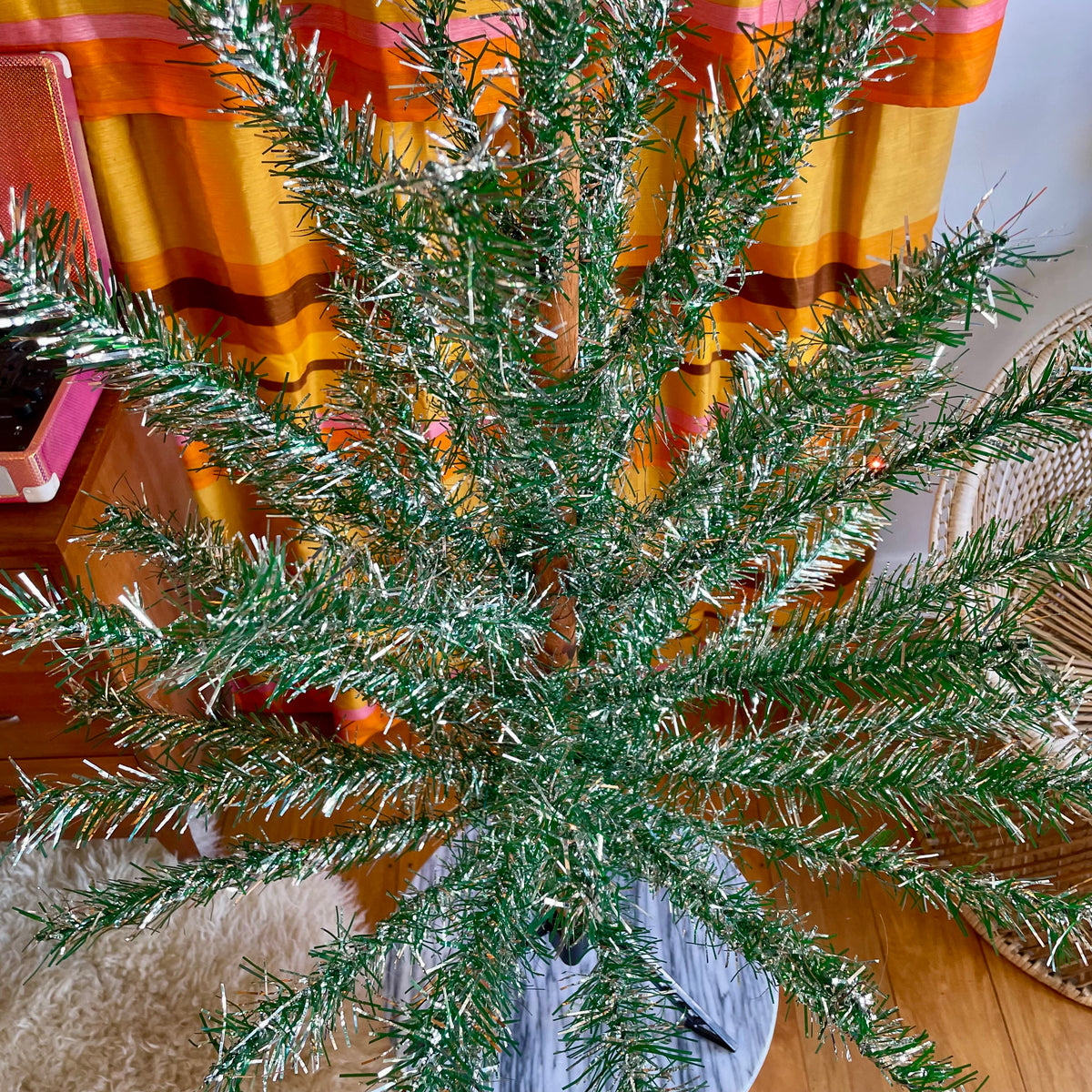 Tinselite Tree - Authentic vintage midcentury modern Christmas tree / retro silver and green tinsel tree