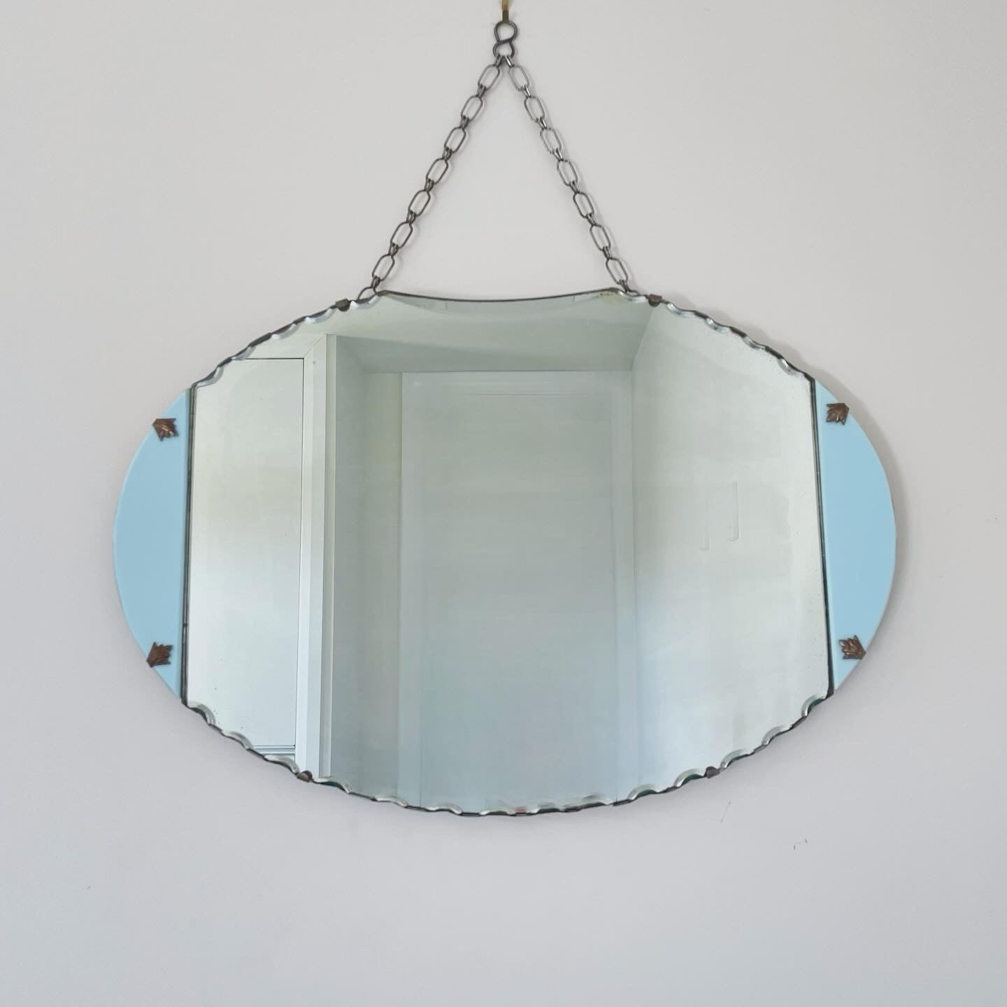 Art deco mirror with robins egg blue milk-glass panels