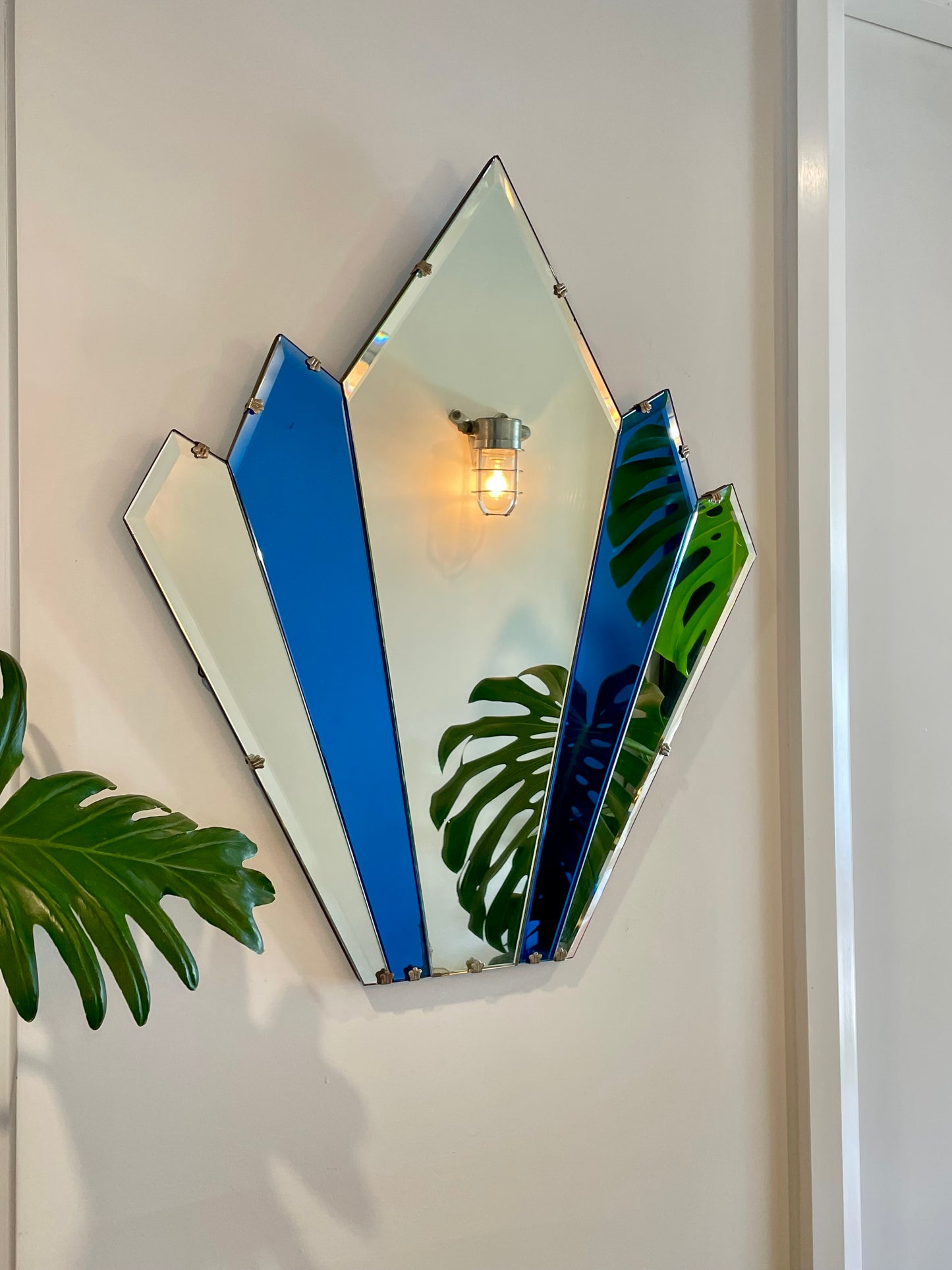 The Cathedral Mirror- Art Deco pointed mirror with cobalt blue glass panels