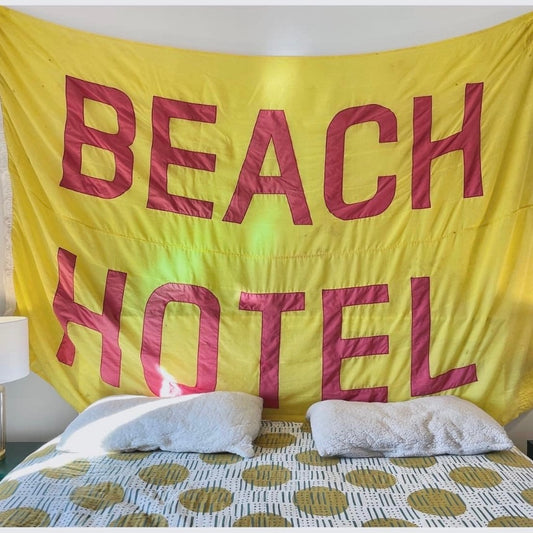 Vintage Beach Hotel flag from New Zealand - large textile wall hanging