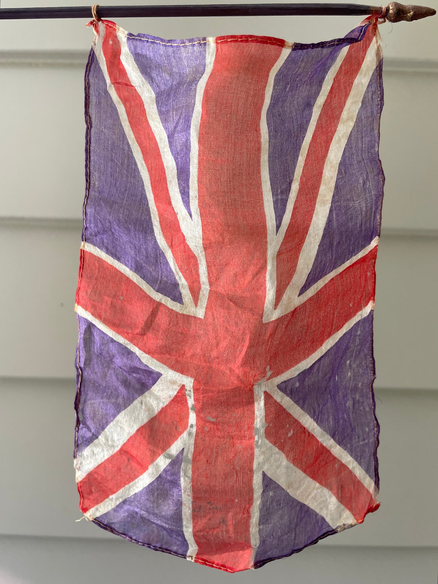 Antique silk United Kingdom parade flag, small ceremonial UK waving flag on stick