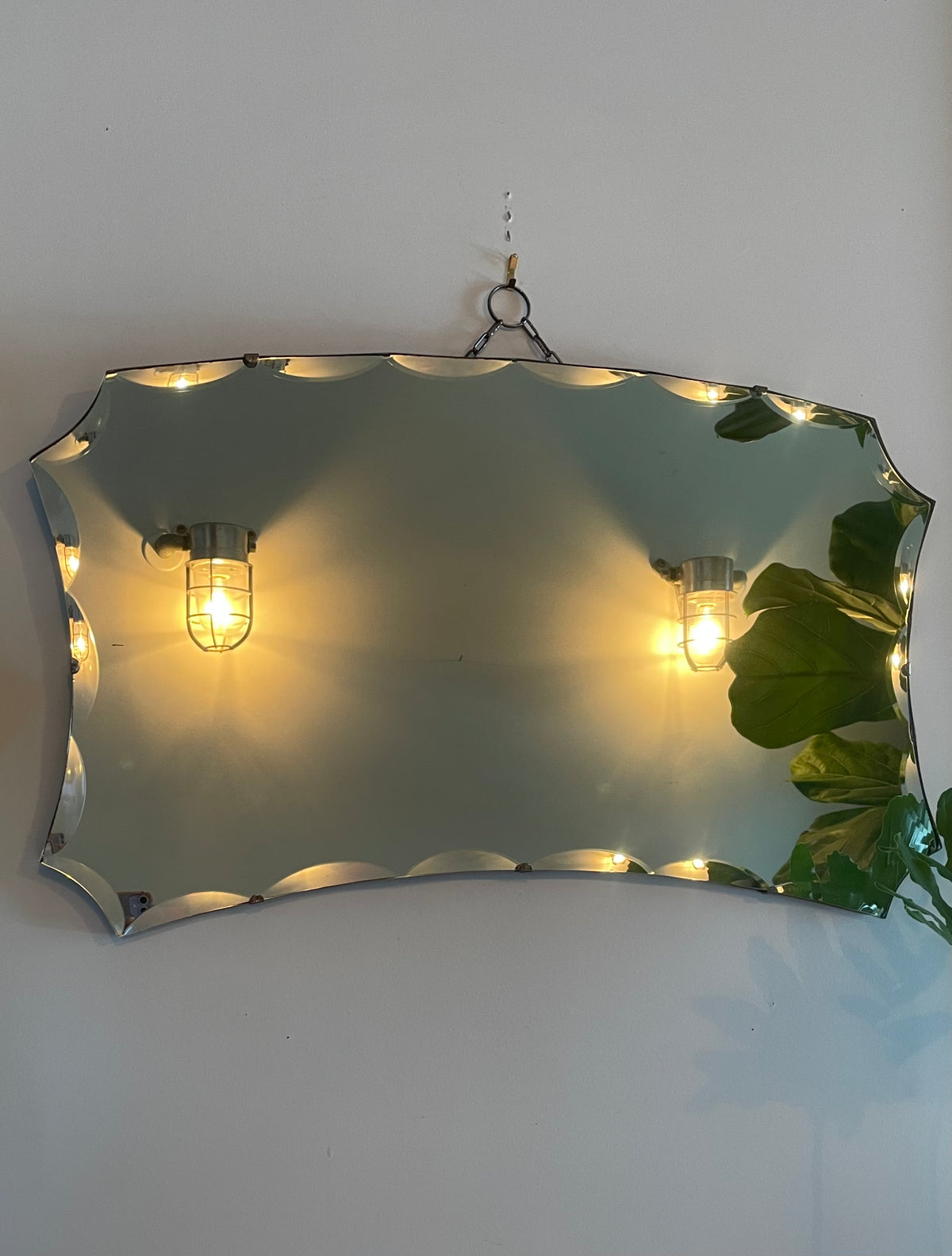 Large antique Art Deco mirror with decorative scalloped beveles
