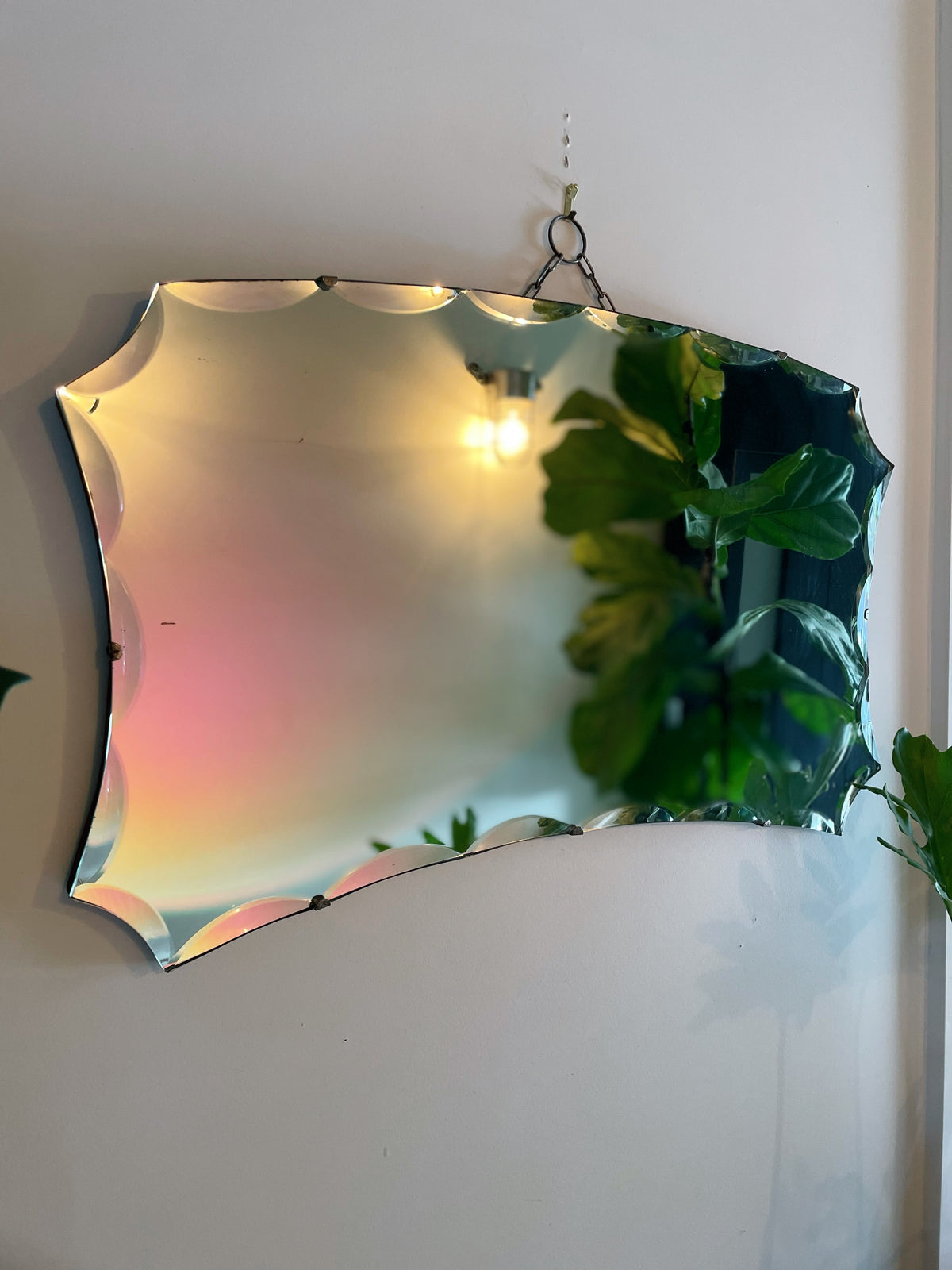 Large antique Art Deco mirror with decorative scalloped beveles