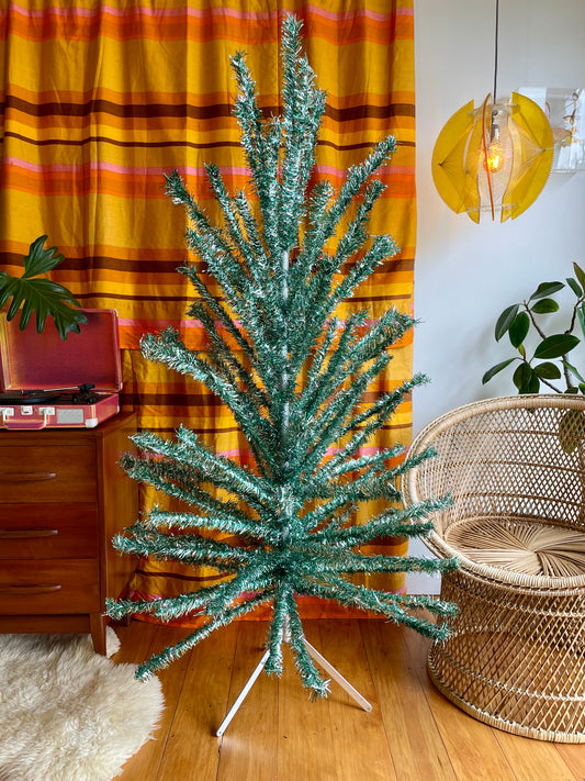 Sparkly silver and green vintage Christmas tree - 6 foot midcentury modern aluminum Xmas tree