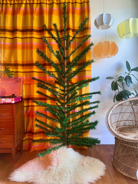 Authentic 6 foot vintage midcentury modern Christmas tree / vintage green tinsel tree