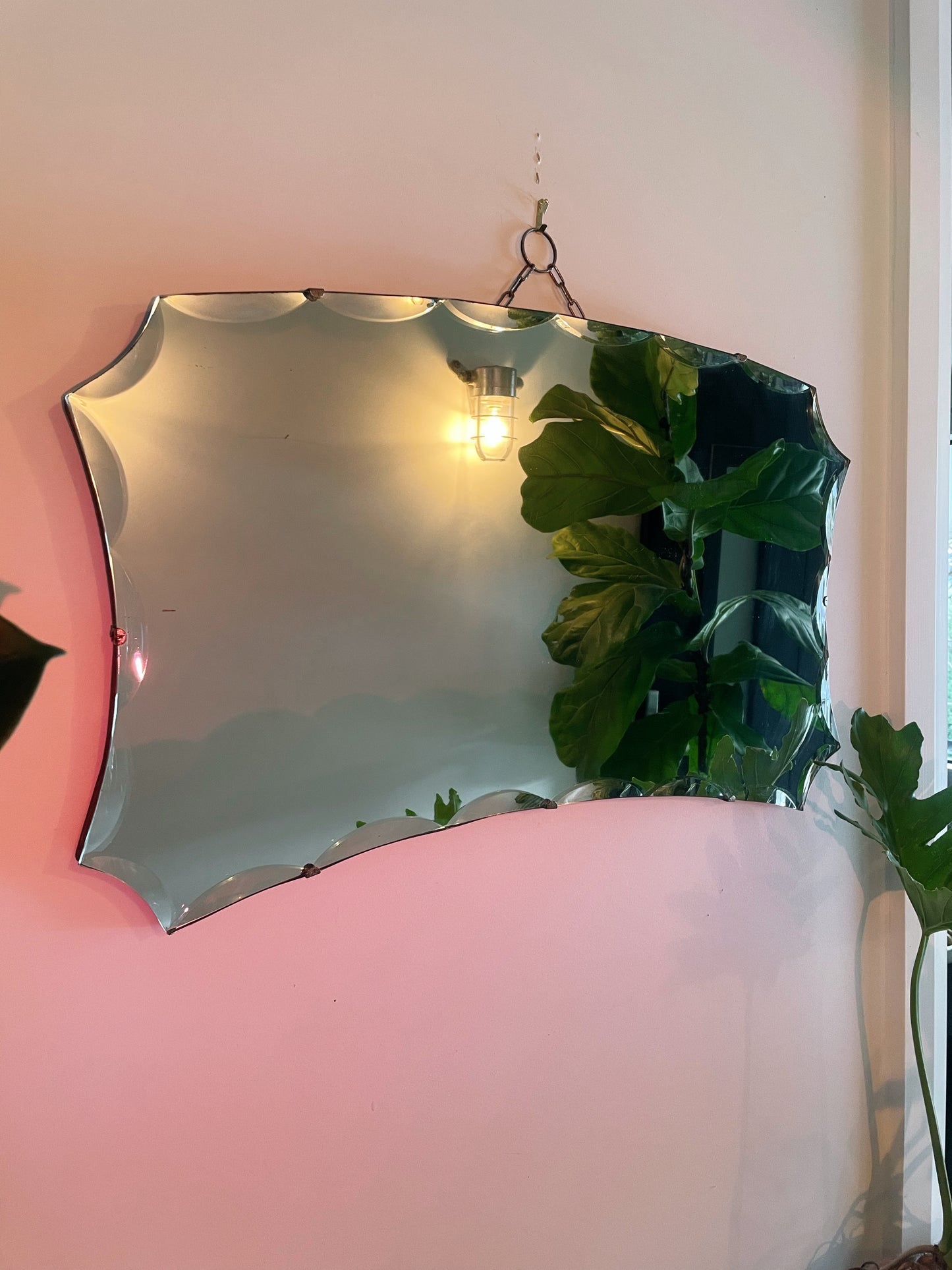 Large antique Art Deco mirror with decorative scalloped beveles