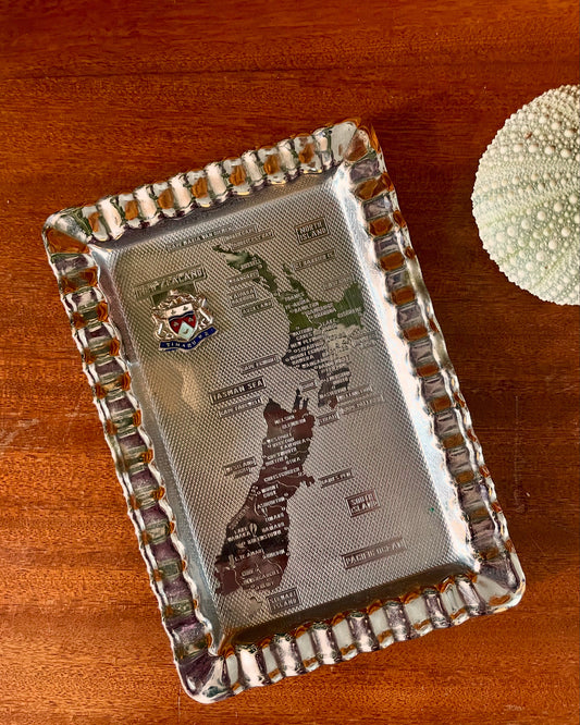 Vintage decorative tray embossed with map of New Zealand - antique silver souvenir dish / ashtray