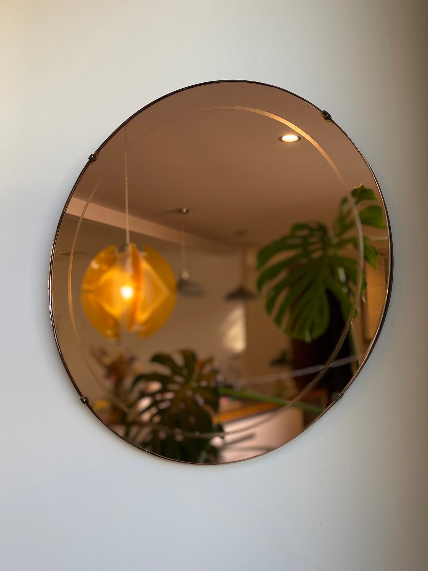 Strawberry moon mirror - Rose colored glass art deco mirror - retro  pink tinted glass mirror