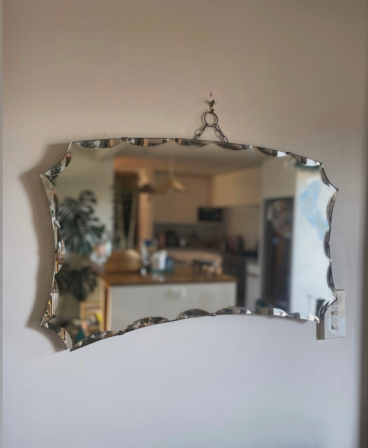Large antique Art Deco mirror with decorative scalloped beveles