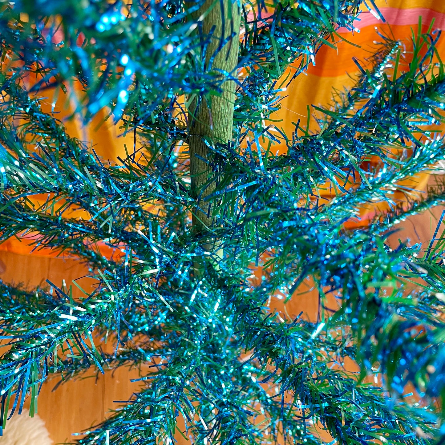 Blue Christmas - vintage aluminum Christmas tree - 6 foot midcentury modern tinsel Xmas tree - blue and green faux Xmas tree