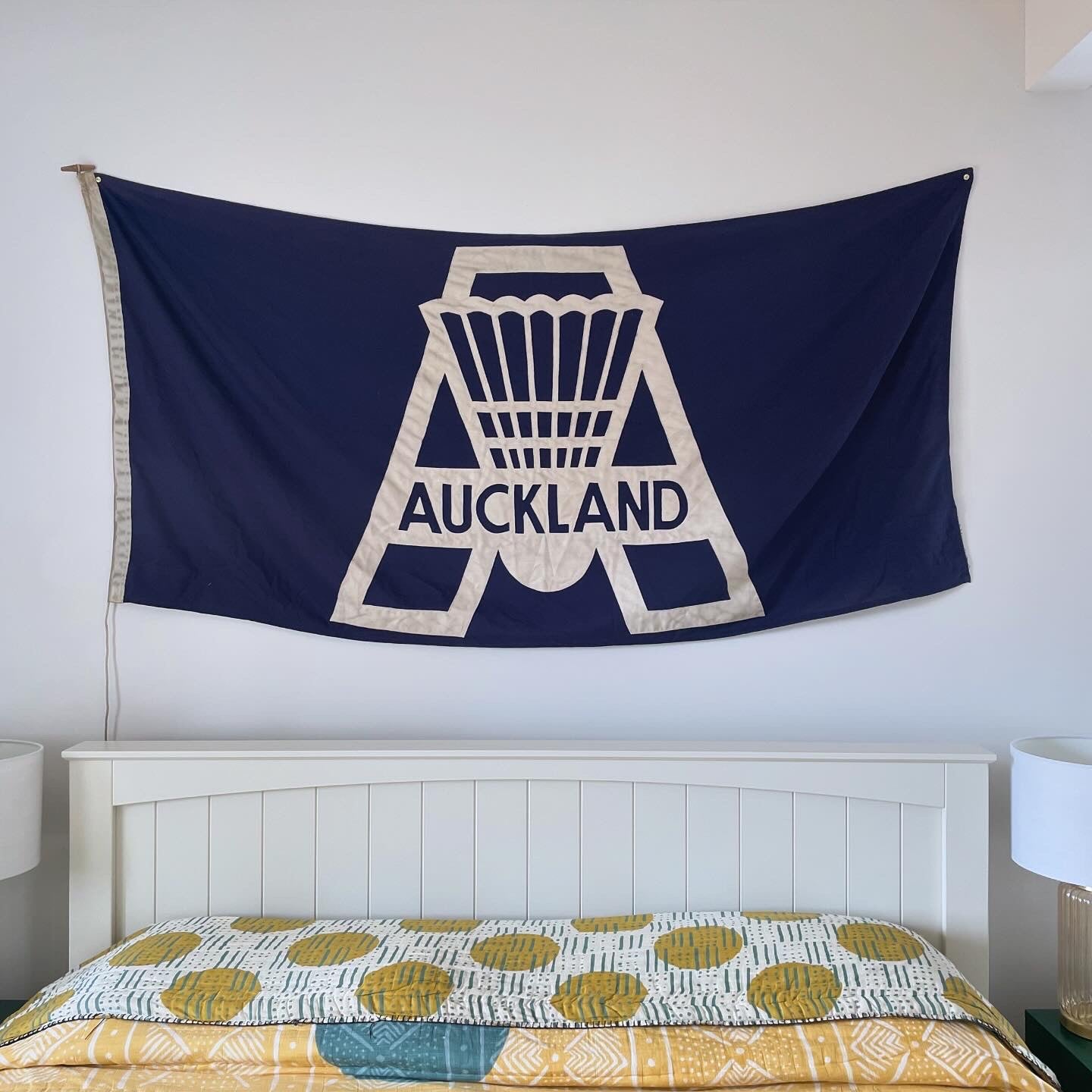 Vintage Auckland New Zealand badminton flag - large textile wall hanging